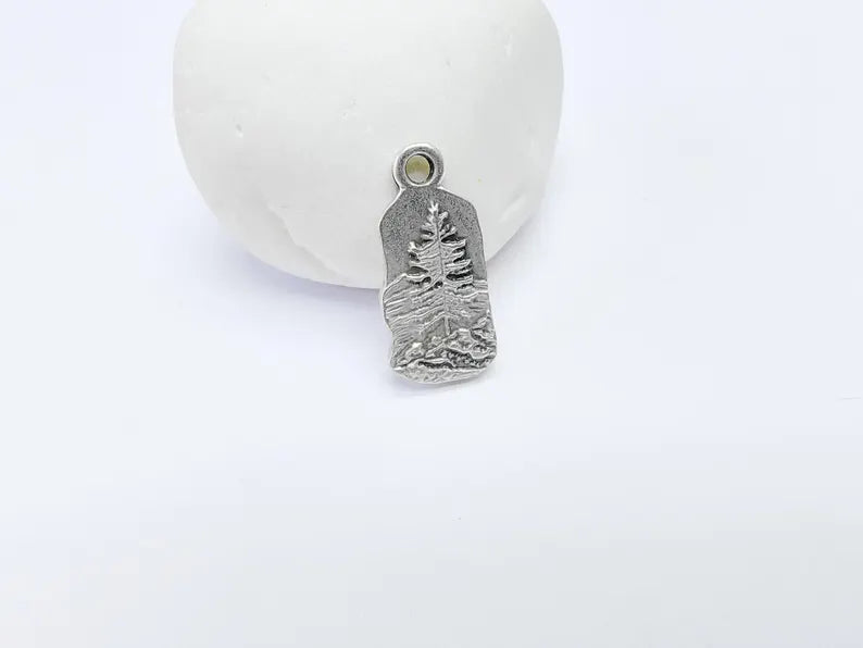 Pine Tree Rocky, Mountain Charms, Forest Landscape Pendant, Nature Pendant Boho Earring Charms, Antique Silver Plated 26x12mm G36887