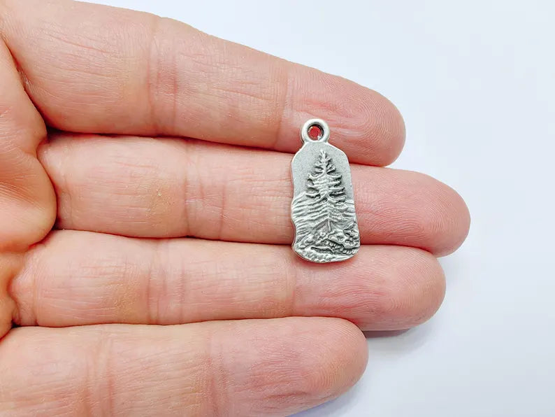 Pine Tree Rocky, Mountain Charms, Forest Landscape Pendant, Nature Pendant Boho Earring Charms, Antique Silver Plated 26x12mm G36887
