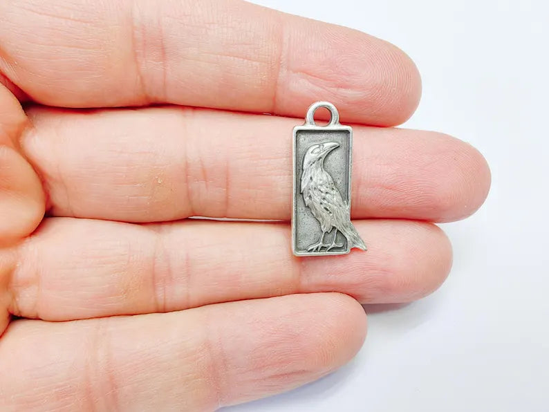 4 Raven Charm Pendant, Gothic Boho Charm, Nature Earring Charm, Mystical Bird, Necklace Parts, Antique Silver Plated Zamac 25x10mm G36888