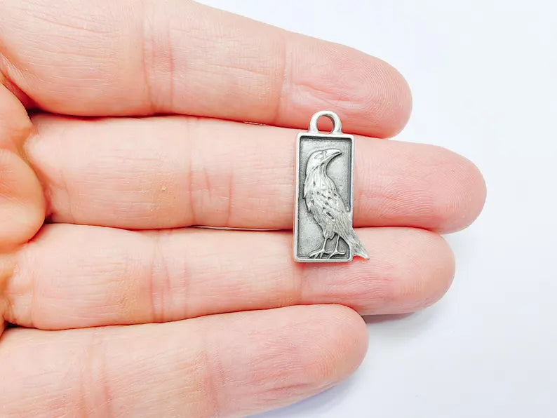 4 Raven Charm Pendant, Gothic Boho Charm, Nature Earring Charm, Mystical Bird, Necklace Parts, Antique Silver Plated Zamac 25x10mm G36888