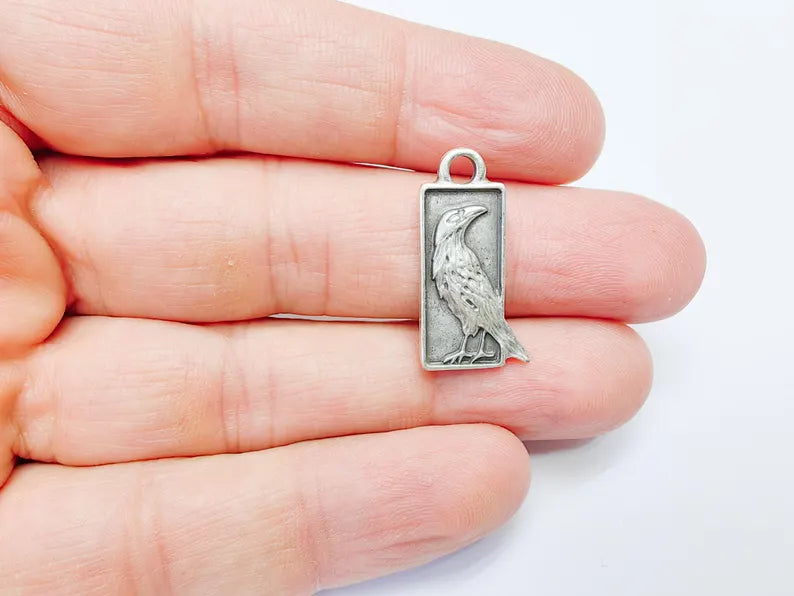 4 Raven Charm Pendant, Gothic Boho Charm, Nature Earring Charm, Mystical Bird, Necklace Parts, Antique Silver Plated Zamac 25x10mm G36888