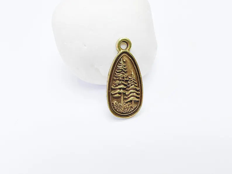 2 Pine Tree Forest Stars Charms, Nature Pendant Boho Earring Charms, Dangle Pendant, Necklace Part, Antique Bronze Plated Zamac 30x14mm G36889