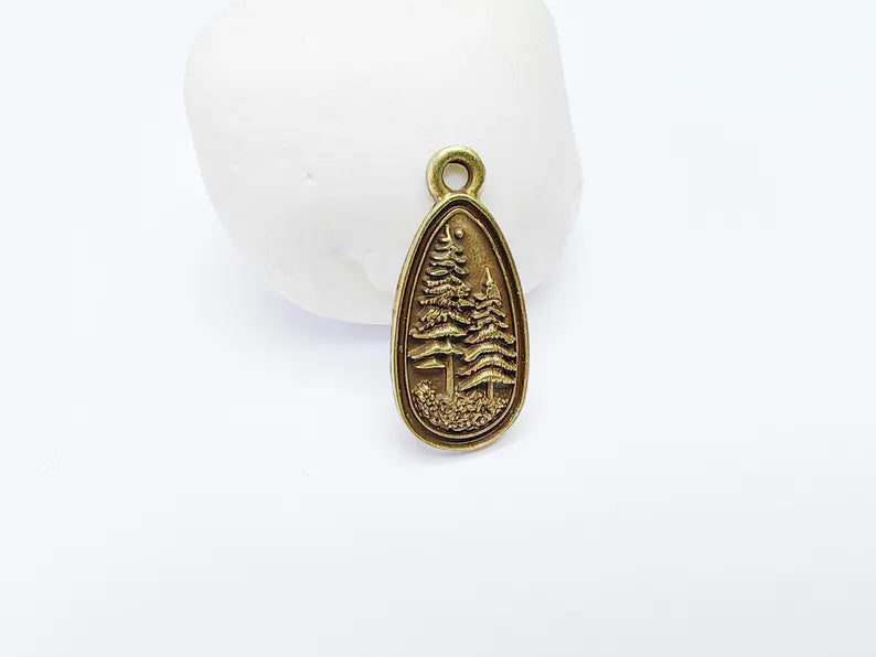 2 Pine Tree Forest Stars Charms, Nature Pendant Boho Earring Charms, Dangle Pendant, Necklace Part, Antique Bronze Plated Zamac 30x14mm G36889