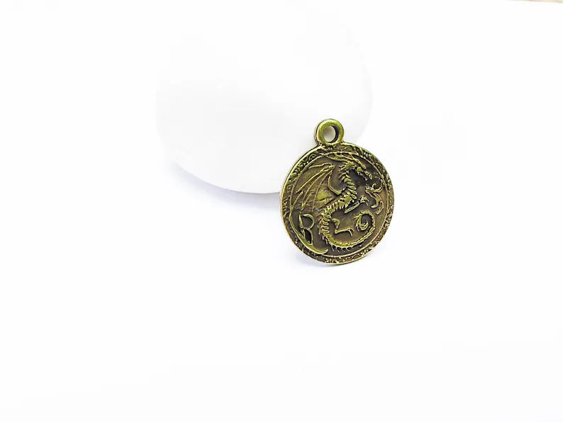 Dragon Charm, Bohemian Pendant, Mystical and Fantasy Charm, Mystic Earring Charm, Gothic Pendant, Antique Bronze Plated 26x22mm G36890