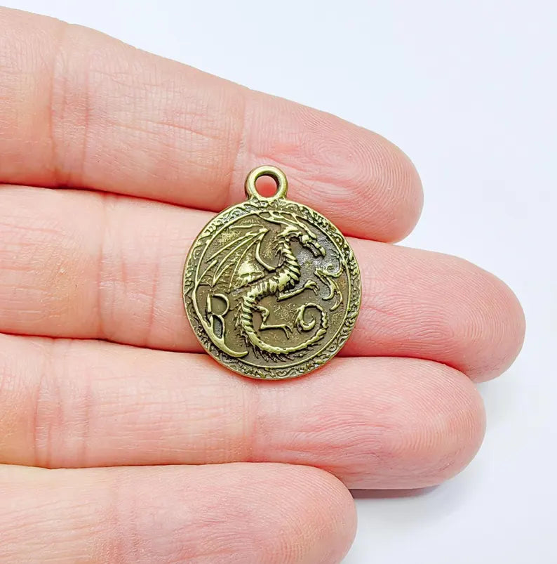 Dragon Charm, Bohemian Pendant, Mystical and Fantasy Charm, Mystic Earring Charm, Gothic Pendant, Antique Bronze Plated 26x22mm G36890