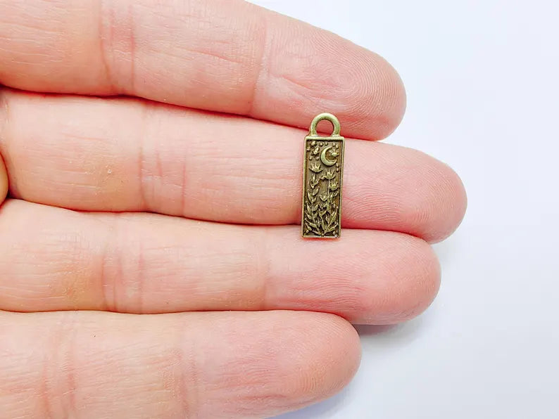 5 Moon and Stars Plant Charms, Minimalist Crescent Earring Charms, Celestial and Nature Inspired Charm, Antique Bronze Plated 20x6mm G36892