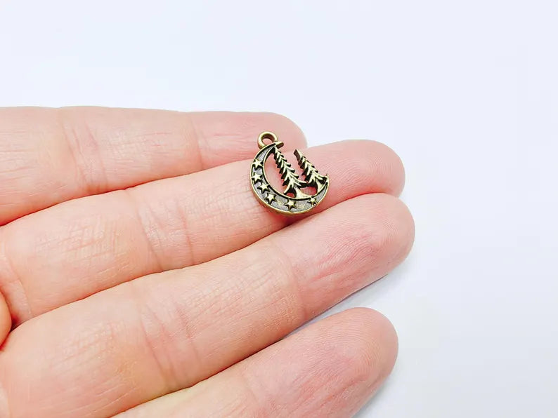 4 Moon Star and Pine Tree Pendant, Boho Charm, Earring Charm, Dangle Pendant, Necklace Parts, Antique Bronze Plated Metal 18x15mm G36893