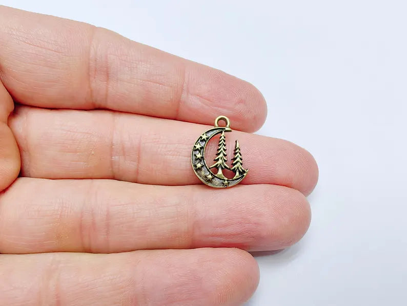 4 Moon Star and Pine Tree Pendant, Boho Charm, Earring Charm, Dangle Pendant, Necklace Parts, Antique Bronze Plated Metal 18x15mm G36893