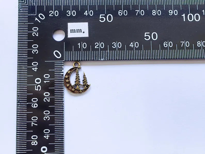 4 Moon Star and Pine Tree Pendant, Boho Charm, Earring Charm, Dangle Pendant, Necklace Parts, Antique Bronze Plated Metal 18x15mm G36893