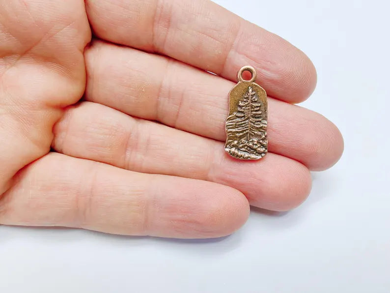 2 Pine Tree Rocky, Mountain Charms, Forest Landscape Pendant, Nature Pendant Boho Earring Charms, Antique Copper Plated 26x12mm G36895