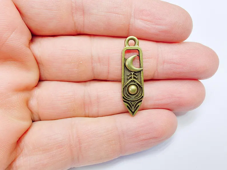 2 Crescent Moon and Orb Charms, Cosmic Pendant, Moon Earring Charms, Night Sky Boho Charms, Antique Bronze Plated Zamac 33x9mm G36898