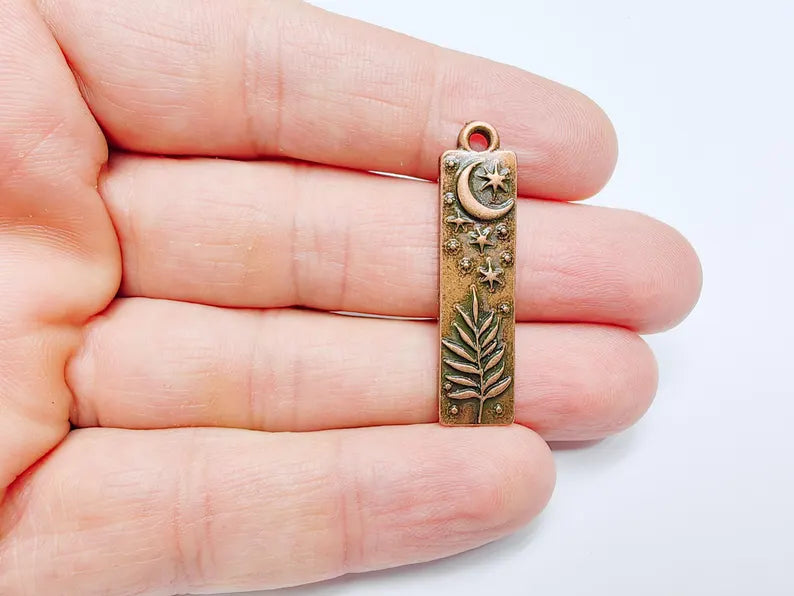Moon and Stars Plant Charms, Crescent Earring Charms, Celestial and Nature Inspired Charm, Antique Copper Plated 39x10mm G36863
