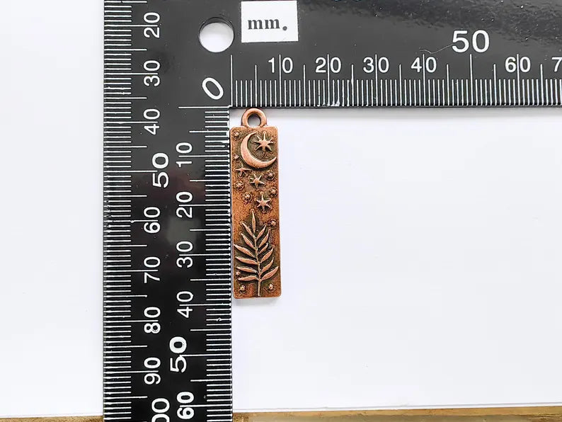Moon and Stars Plant Charms, Crescent Earring Charms, Celestial and Nature Inspired Charm, Antique Copper Plated 39x10mm G36863