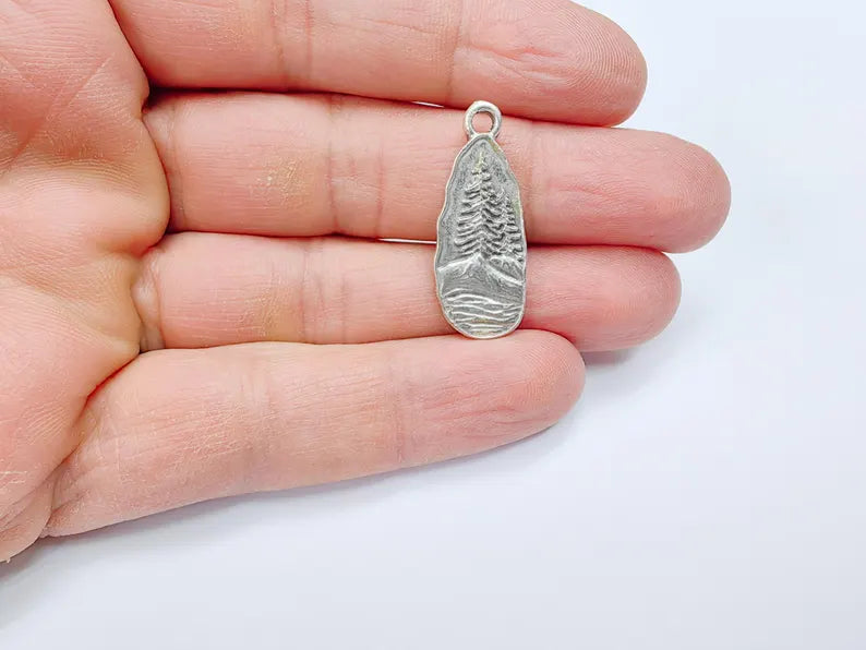 Pine Tree Rocky, Mountain Charms, Forest Landscape Pendant, Nature Pendant Boho Earring Charms, Antique Silver Plated 31x12mm G36865