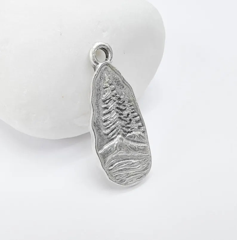 Pine Tree Rocky, Mountain Charms, Forest Landscape Pendant, Nature Pendant Boho Earring Charms, Antique Silver Plated 31x12mm G36865