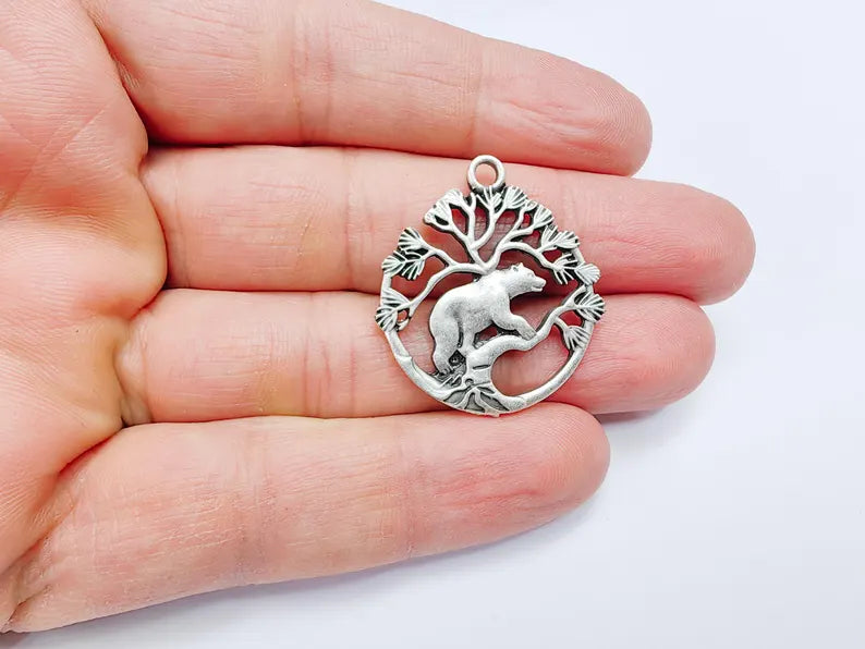 Bear and Tree of Life Charm Pendant, Rustic Wildlife Jewelry Charm, Boho Charms, Earring Charms, Antique Silver Plated 33x29mm G36866