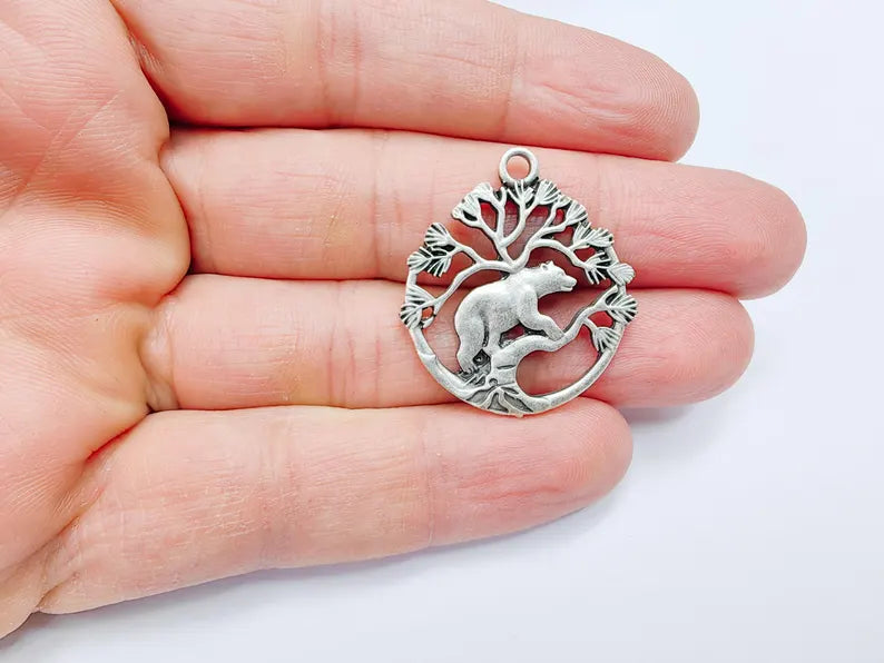 Bear and Tree of Life Charm Pendant, Rustic Wildlife Jewelry Charm, Boho Charms, Earring Charms, Antique Silver Plated 33x29mm G36866