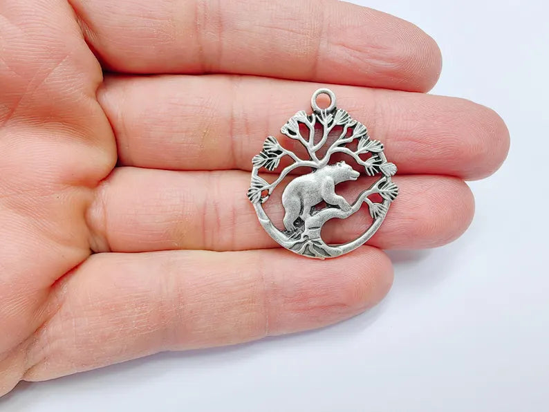 Bear and Tree of Life Charm Pendant, Rustic Wildlife Jewelry Charm, Boho Charms, Earring Charms, Antique Silver Plated 33x29mm G36866