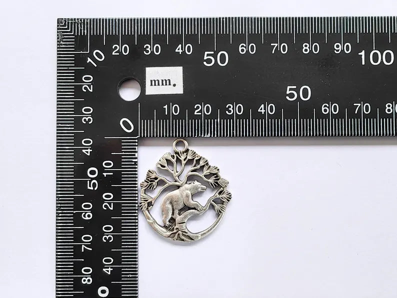 Bear and Tree of Life Charm Pendant, Rustic Wildlife Jewelry Charm, Boho Charms, Earring Charms, Antique Silver Plated 33x29mm G36866