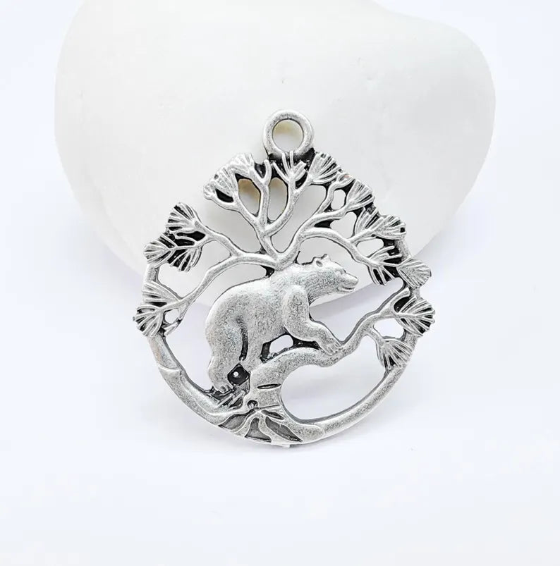 Bear and Tree of Life Charm Pendant, Rustic Wildlife Jewelry Charm, Boho Charms, Earring Charms, Antique Silver Plated 33x29mm G36866