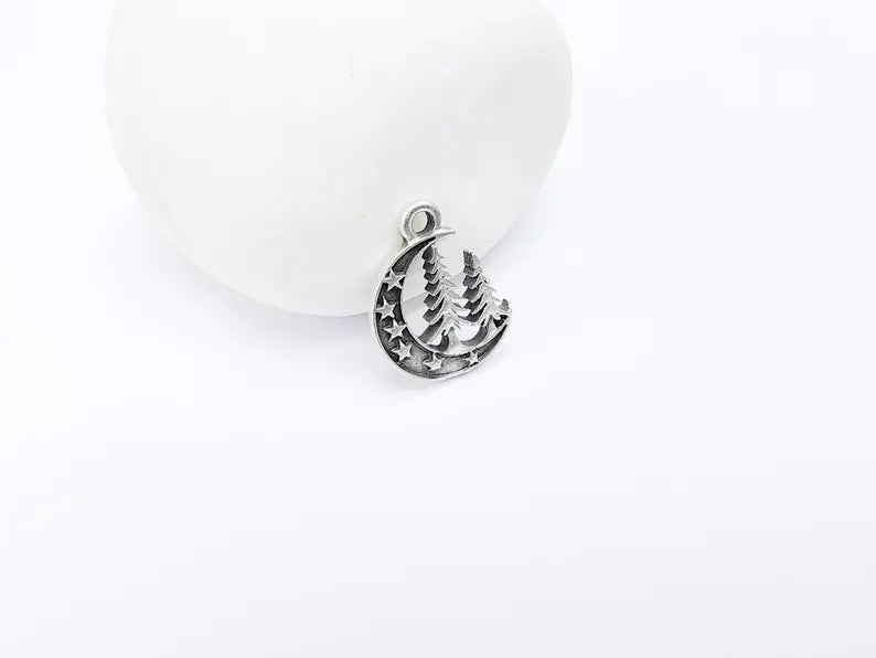4 Moon Star and Pine Tree Charm, Boho Charm, Earring Charm, Dangle Pendant, Necklace Parts, Antique Silver Plated Metal 18x15mm G36867