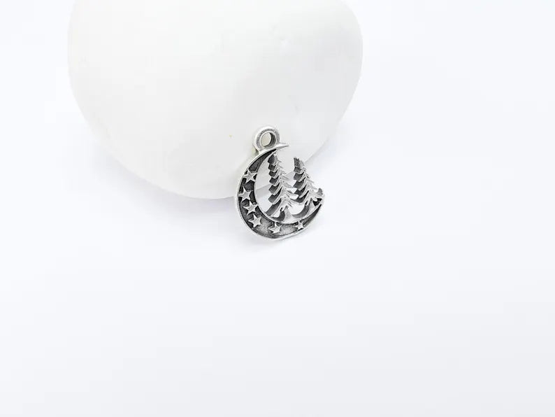 4 Moon Star and Pine Tree Charm, Boho Charm, Earring Charm, Dangle Pendant, Necklace Parts, Antique Silver Plated Metal 18x15mm G36867