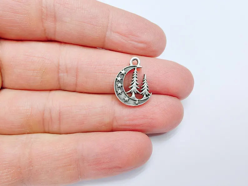 4 Moon Star and Pine Tree Charm, Boho Charm, Earring Charm, Dangle Pendant, Necklace Parts, Antique Silver Plated Metal 18x15mm G36867