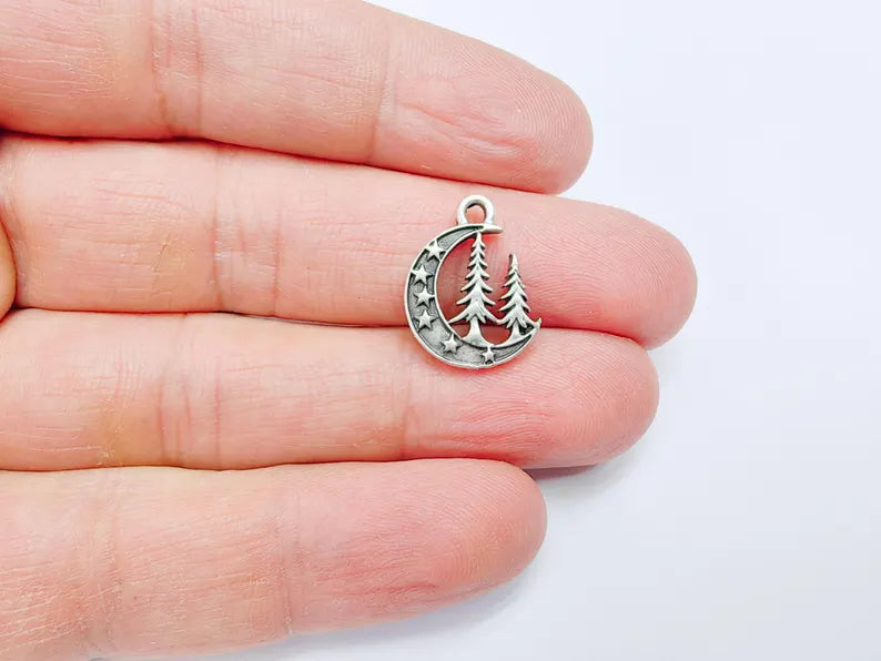4 Moon Star and Pine Tree Charm, Boho Charm, Earring Charm, Dangle Pendant, Necklace Parts, Antique Silver Plated Metal 18x15mm G36867