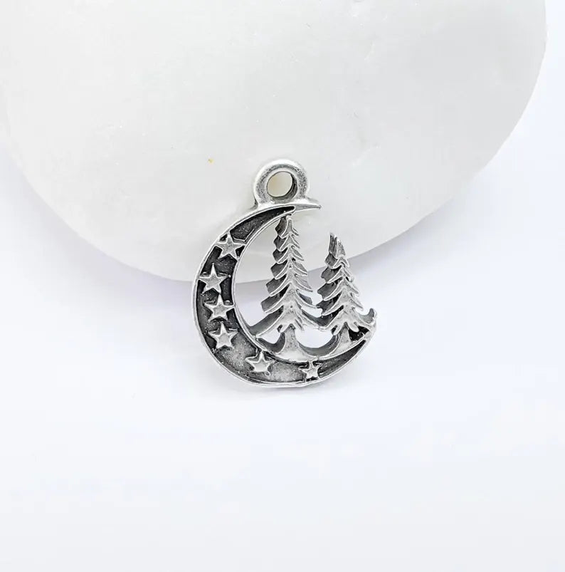 4 Moon Star and Pine Tree Charm, Boho Charm, Earring Charm, Dangle Pendant, Necklace Parts, Antique Silver Plated Metal 18x15mm G36867