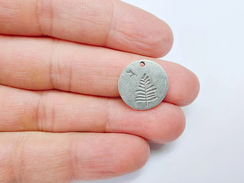 4 Tree and Bird Charms, Round Boho Charm, Earring Charm, Dangle Pendant, Necklace Parts, Antique Silver Plated Metal 17mm G36869