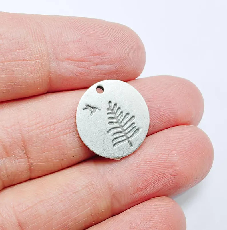 4 Tree and Bird Charms, Round Boho Charm, Earring Charm, Dangle Pendant, Necklace Parts, Antique Silver Plated Metal 17mm G36869