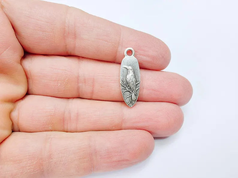 4 Raven Charm Pendant, Gothic Boho Charm, Nature Earring Charm, Mystical Bird, Necklace Parts, Antique Silver Plated Zamac 26x9mm G36870