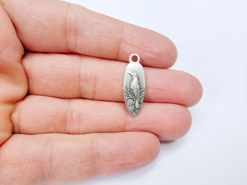 4 Raven Charm Pendant, Gothic Boho Charm, Nature Earring Charm, Mystical Bird, Necklace Parts, Antique Silver Plated Zamac 26x9mm G36870