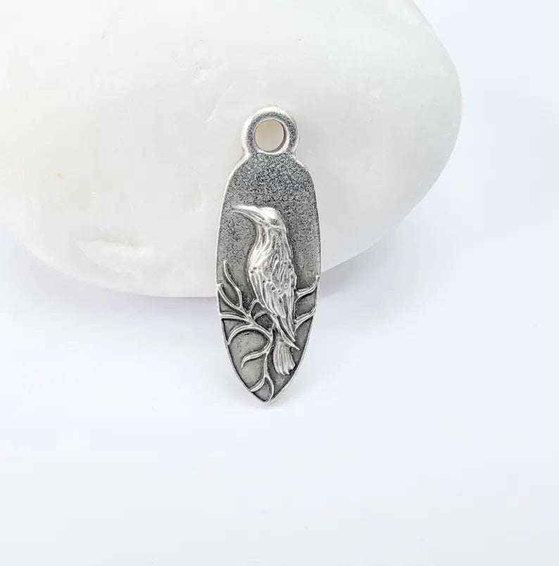 4 Raven Charm Pendant, Gothic Boho Charm, Nature Earring Charm, Mystical Bird, Necklace Parts, Antique Silver Plated Zamac 26x9mm G36870