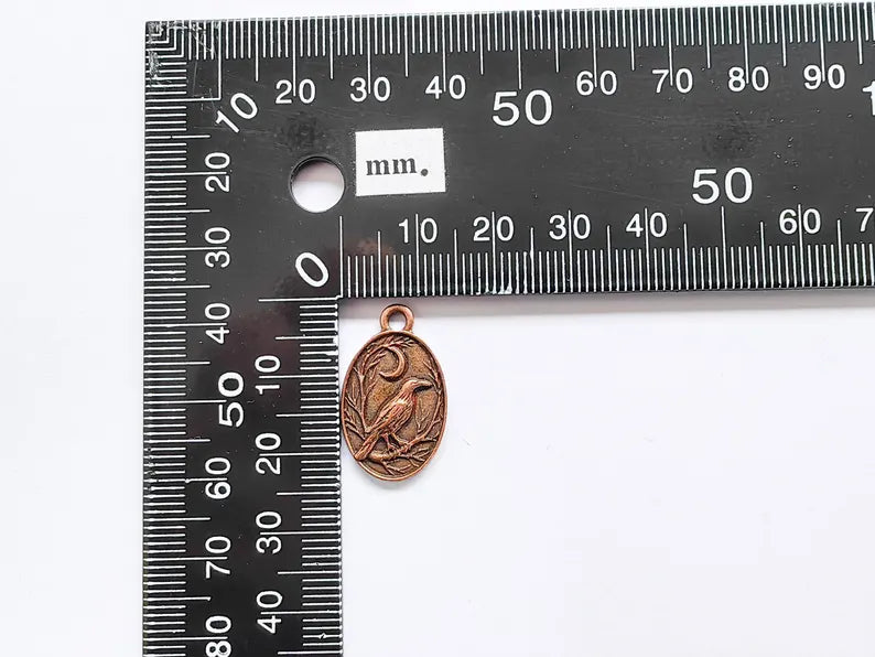 2 Raven and Moon Charm Pendant, Gothic Boho Charm, Nature Earring Charm, Mystical Bird, Necklace Parts, Antique Copper Plated 23x14mm G36871