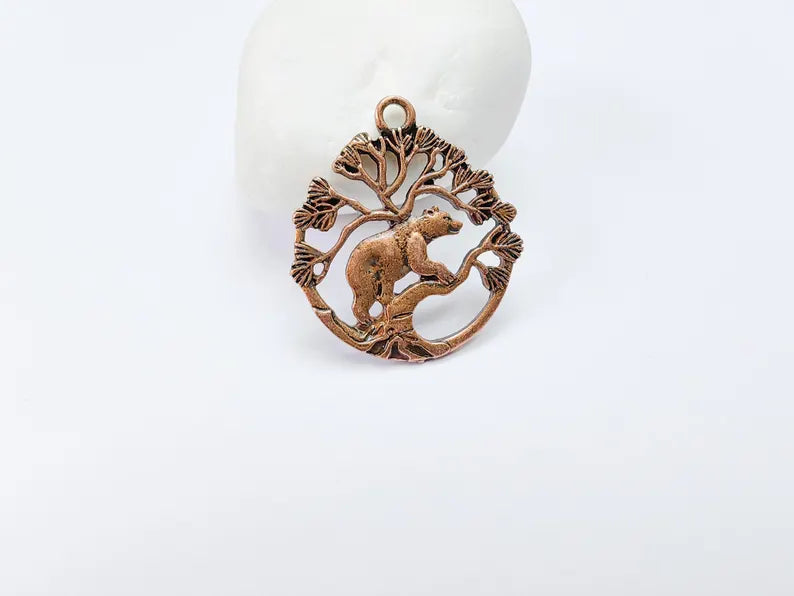 Bear and Tree of Life Charm Pendant, Rustic Wildlife Jewelry Charm, Boho Charms, Earring Charms, Antique Copper Plated 33x29mm G36872