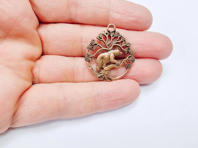 Bear and Tree of Life Charm Pendant, Rustic Wildlife Jewelry Charm, Boho Charms, Earring Charms, Antique Copper Plated 33x29mm G36872
