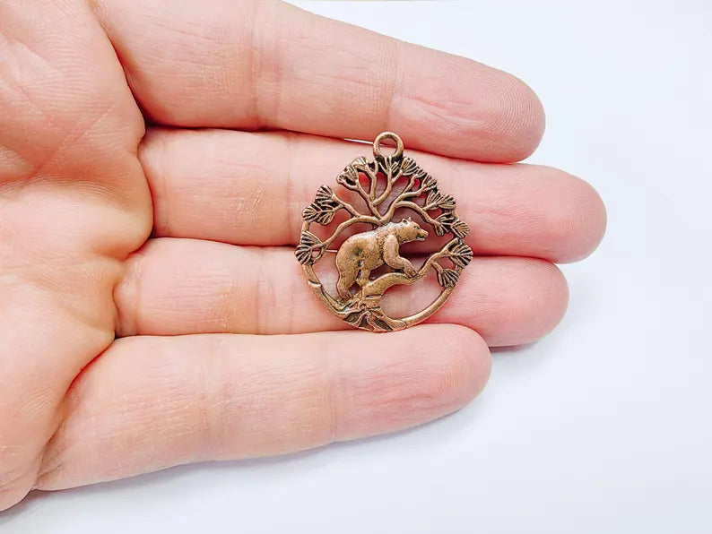 Bear and Tree of Life Charm Pendant, Rustic Wildlife Jewelry Charm, Boho Charms, Earring Charms, Antique Copper Plated 33x29mm G36872