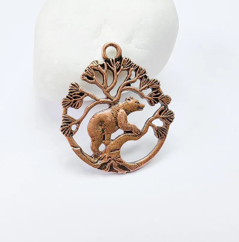Bear and Tree of Life Charm Pendant, Rustic Wildlife Jewelry Charm, Boho Charms, Earring Charms, Antique Copper Plated 33x29mm G36872