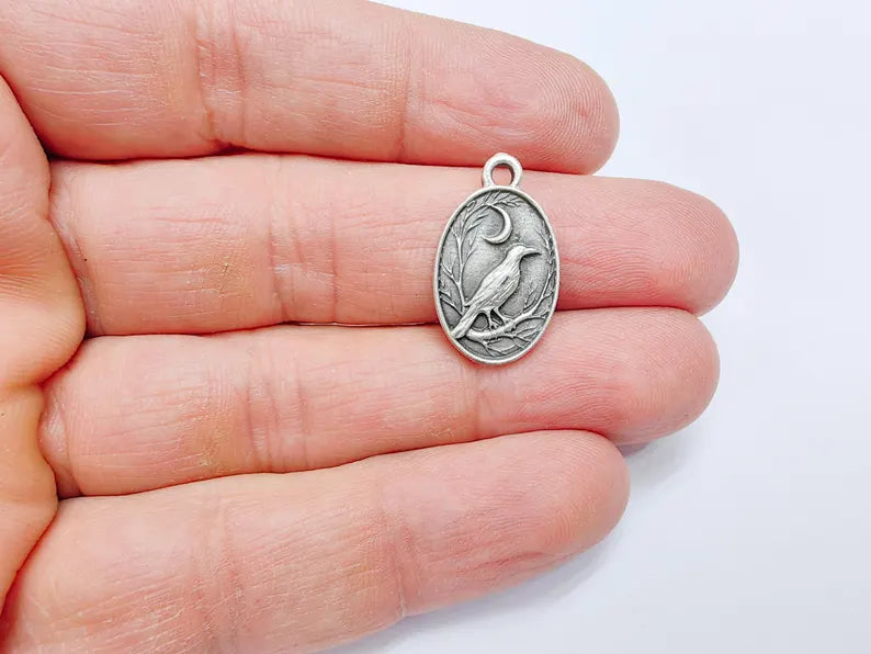 2 Raven and Moon Charm Pendant, Gothic Boho Charm, Nature Earring Charm, Mystical Bird, Necklace Parts, Antique Silver Plated 23x14mm G36873
