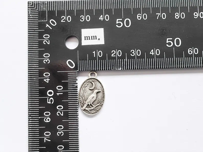 2 Raven and Moon Charm Pendant, Gothic Boho Charm, Nature Earring Charm, Mystical Bird, Necklace Parts, Antique Silver Plated 23x14mm G36873