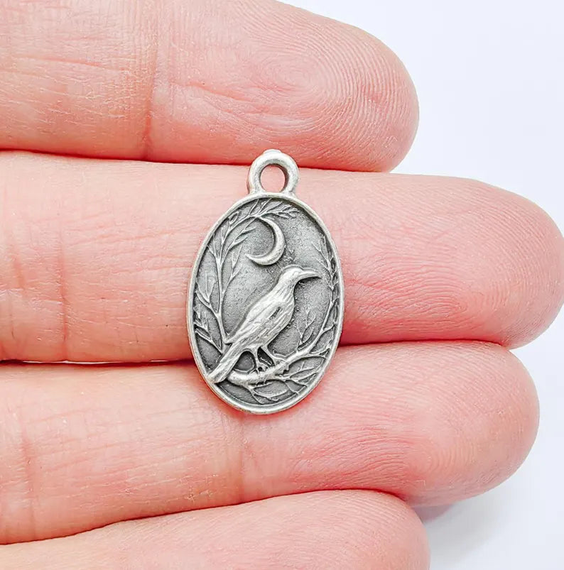 2 Raven and Moon Charm Pendant, Gothic Boho Charm, Nature Earring Charm, Mystical Bird, Necklace Parts, Antique Silver Plated 23x14mm G36873