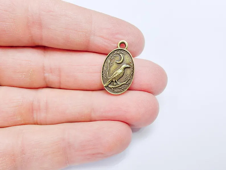2 Raven and Moon Charm Pendant, Gothic Boho Charm, Nature Earring Charm, Mystical Bird, Necklace Parts, Antique Bronze Plated 23x14mm G36876