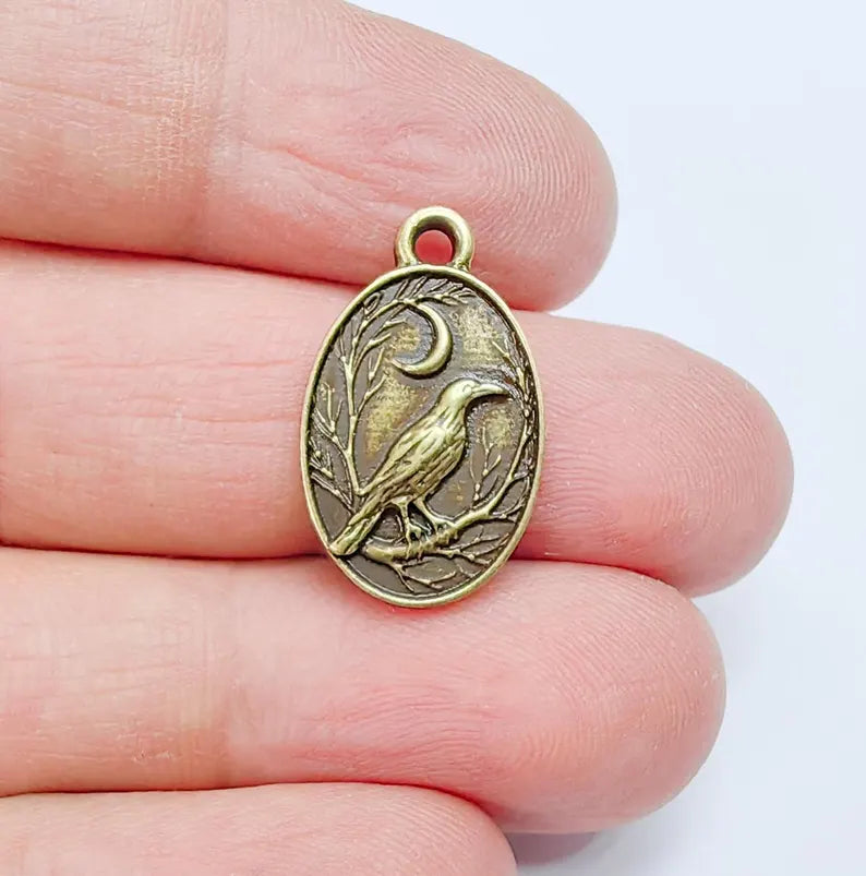 2 Raven and Moon Charm Pendant, Gothic Boho Charm, Nature Earring Charm, Mystical Bird, Necklace Parts, Antique Bronze Plated 23x14mm G36876