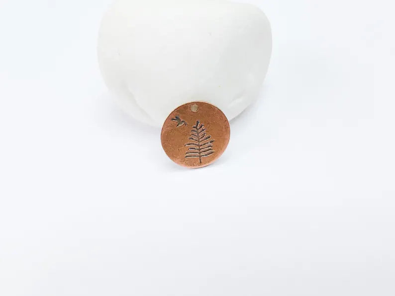 4 Tree and Bird Charms, Round Boho Charm, Earring Charm, Dangle Pendant, Necklace Parts, Antique Copper Plated Metal 17mm G36878