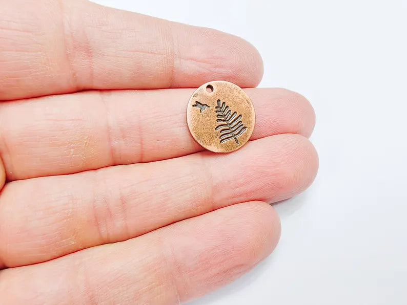 4 Tree and Bird Charms, Round Boho Charm, Earring Charm, Dangle Pendant, Necklace Parts, Antique Copper Plated Metal 17mm G36878