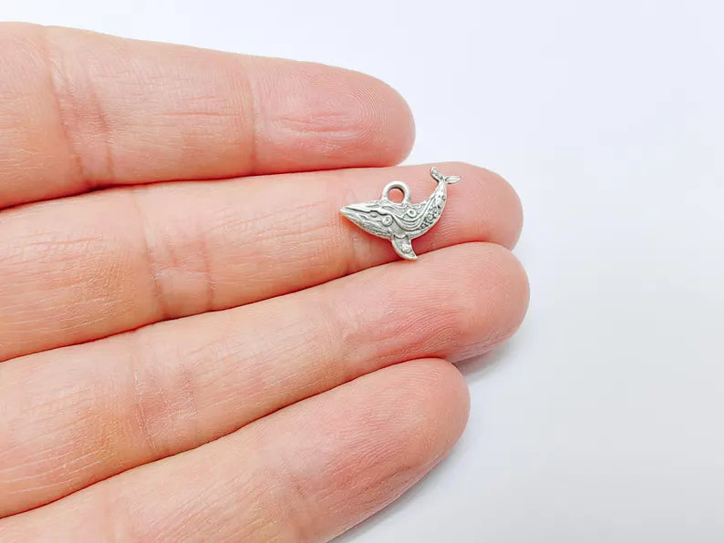 5 Whale Charm, Small Ocean Animal Pendant, Boho Nautical Jewelry Supply, Necklace Bracelet Earring Craft, Antique Silver Plated 18x13mm G36900