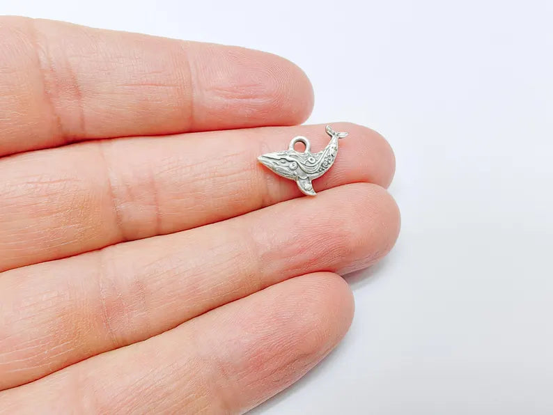 5 Whale Charm, Small Ocean Animal Pendant, Boho Nautical Jewelry Supply, Necklace Bracelet Earring Craft, Antique Silver Plated 18x13mm G36900