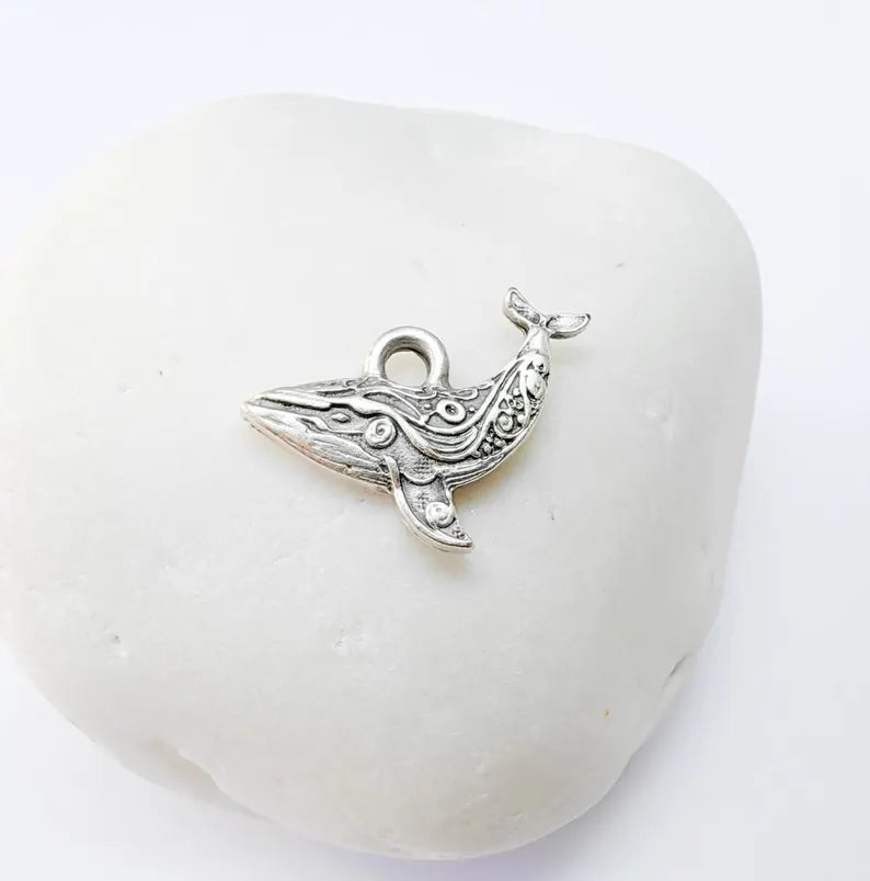 5 Whale Charm, Small Ocean Animal Pendant, Boho Nautical Jewelry Supply, Necklace Bracelet Earring Craft, Antique Silver Plated 18x13mm G36900