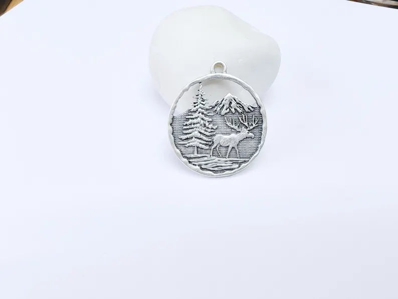 Elk Pendant, Deer Charms, Moose Forest Wildlife Charm, Mountain Tree, Rustic Boho DIY Craft Supply, Antique Silver Plated 39x34mm G36902